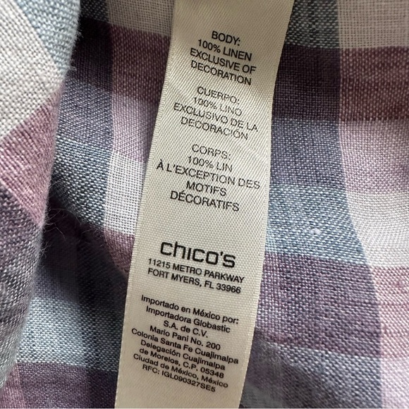 Chico’s Size 3 Crochet-Detail Gingham Linen Popover Top Purple Boho Peasant - Picture 11 of 12